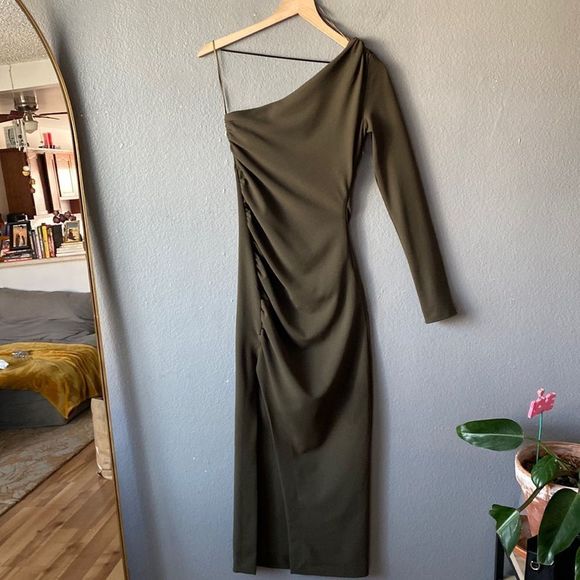 Zara Draped Asymmetrical Olive Green Dress - Picture 2 of 14